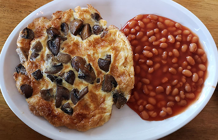 Mushroom omelette and beans