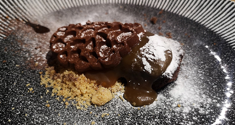Almond and praline chocolate cremeux with salted caramel